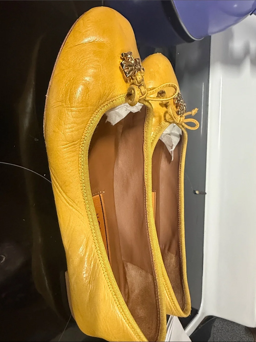 Tory Burch Yellow Leather Bow Ballet Flats with Logo Charm size 8 1/2 AUTHENTIC